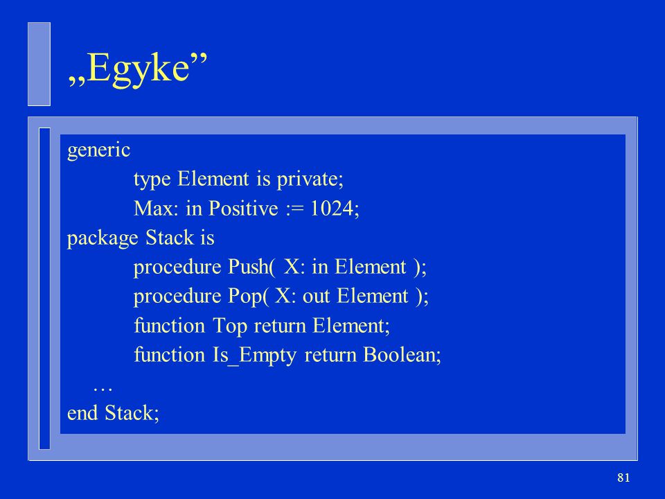 „Egyke generic type Element is private; Max: in Positive := 1024;