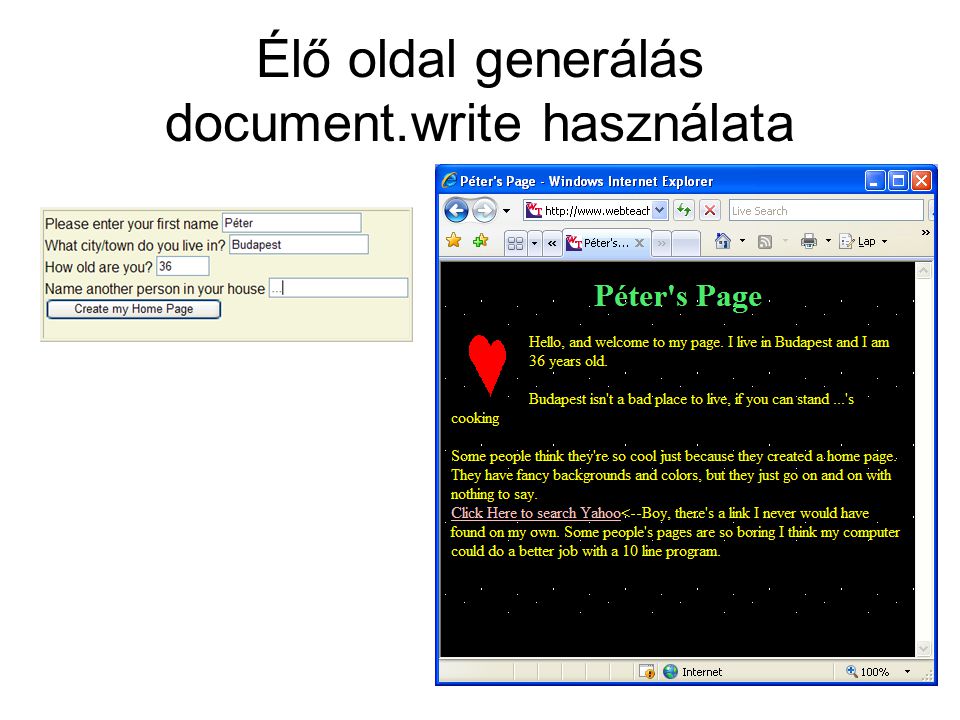 Élő oldal generálás document.write használata