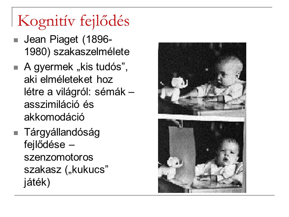 Kognitív fejlődés Jean Piaget ( ) szakaszelmélete