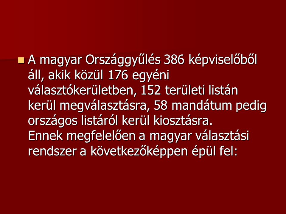 A magyar Országgyűlés 386 képviselőből áll, akik közül 176 egyéni választókerületben, 152 területi listán kerül megválasztásra, 58 mandátum pedig országos listáról kerül kiosztásra.