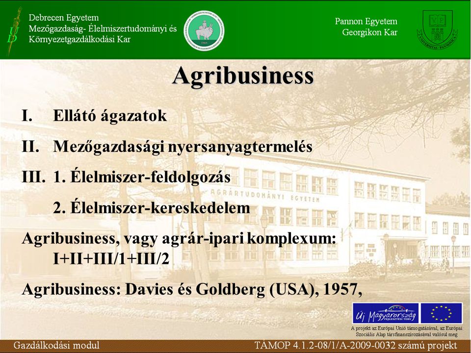 Agribusiness Ellátó ágazatok Mezőgazdasági nyersanyagtermelés
