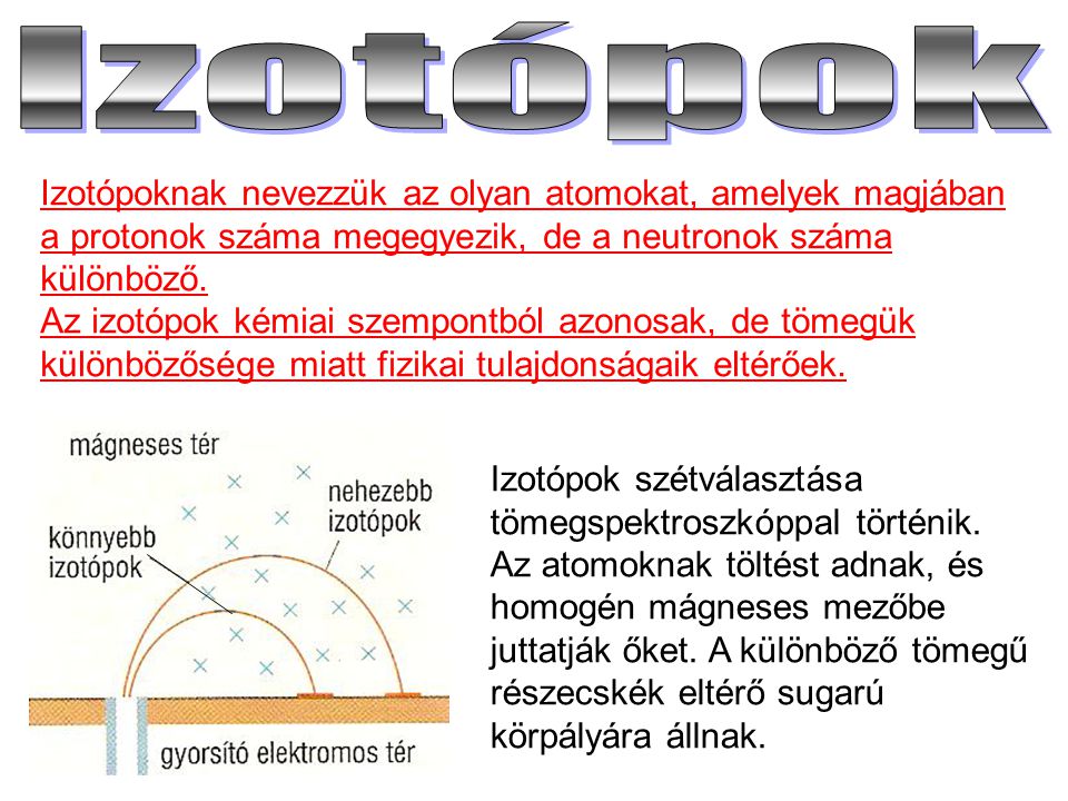 Izotópok Izotópoknak nevezzük az olyan atomokat, amelyek magjában a protonok száma megegyezik, de a neutronok száma különböző.