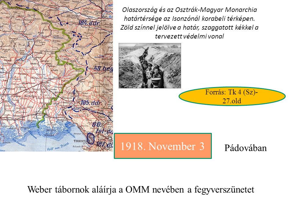 A Belgrádi-tárgyalások November 5-én Károlyi Mihály vezetésével küldöttség utazott Belgrádba, Franchet d Esperey tábornokhoz, a keleti antant haderő főparancsnokához, a Monarchiával kötött pádaui fegyverszüneti szerződés Magyarországra való alkalmazásának megbeszélése céljából. A magyar küldöttség - amely a bizonytalan helyzetre való tekintettel Újvidéktől hajón tette meg az utat Belgrádig - a tárgyaláson barátinak éppen nem nevezhető fogadtatásban részesült. A Belgrádban aláírt, 18 pontból álló katonai egyezmény demarkációs vonalként a Beszterce, Maros, Szabadka, Pécs, Dráva vonalat jelölte meg, előírta a haderő esetleges átvonulását biztosító intézkedést tartalmazott.