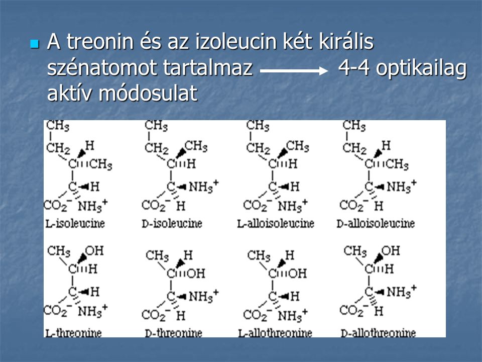 A treonin és az izoleucin két királis szénatomot tartalmaz 4-4 optikailag aktív módosulat