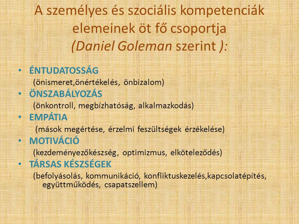 A személyes és szociális kompetenciák elemeinek öt fő csoportja (Daniel Goleman szerint ):