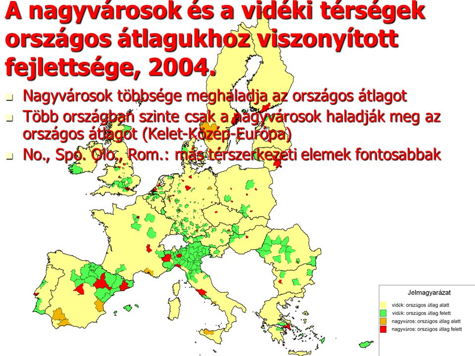 A nagyvárosok és a vidéki térségek országos átlagukhoz viszonyított fejlettsége, 2004.