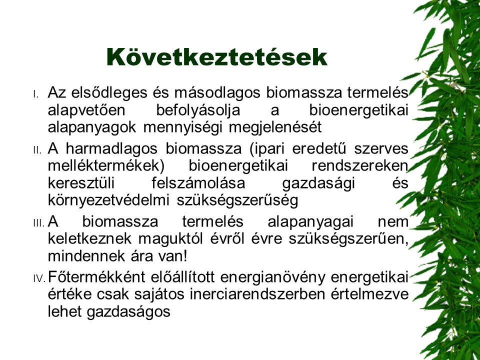 Következtetések Az elsődleges és másodlagos biomassza termelés alapvetően befolyásolja a bioenergetikai alapanyagok mennyiségi megjelenését.