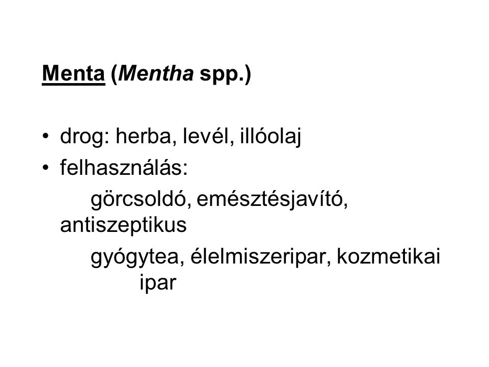 Menta (Mentha spp.) drog: herba, levél, illóolaj. felhasználás: görcsoldó, emésztésjavító, antiszeptikus.