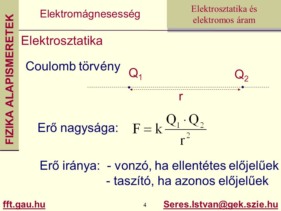 Elektrosztatika Coulomb törvény. Q1. Q2. r. Erő nagysága: Erő iránya: - vonzó, ha ellentétes előjelűek.