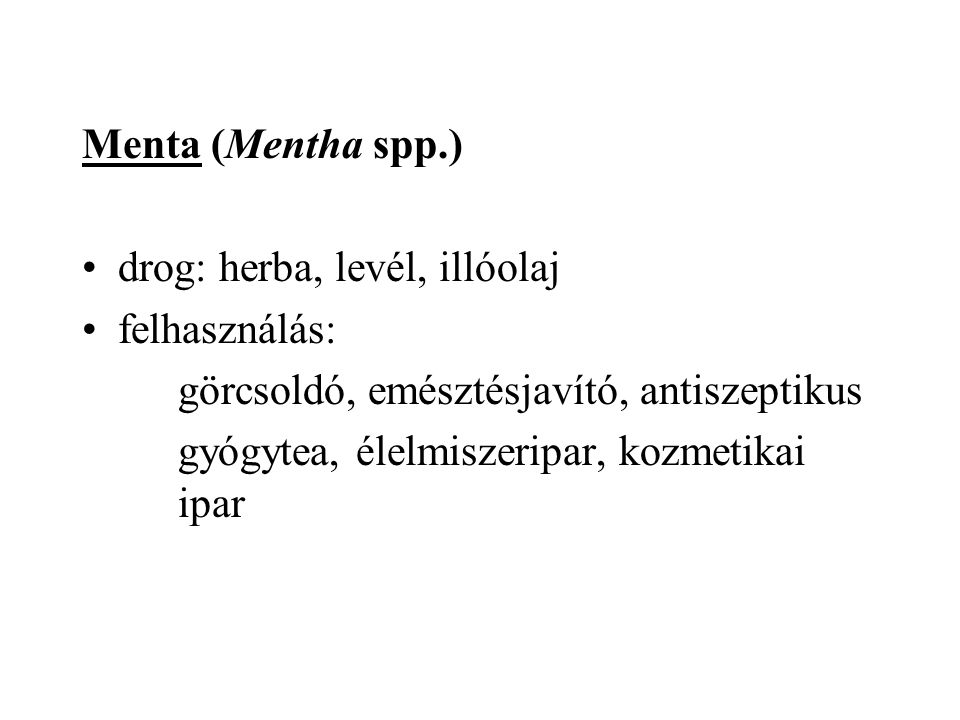Menta (Mentha spp.) drog: herba, levél, illóolaj. felhasználás: görcsoldó, emésztésjavító, antiszeptikus.