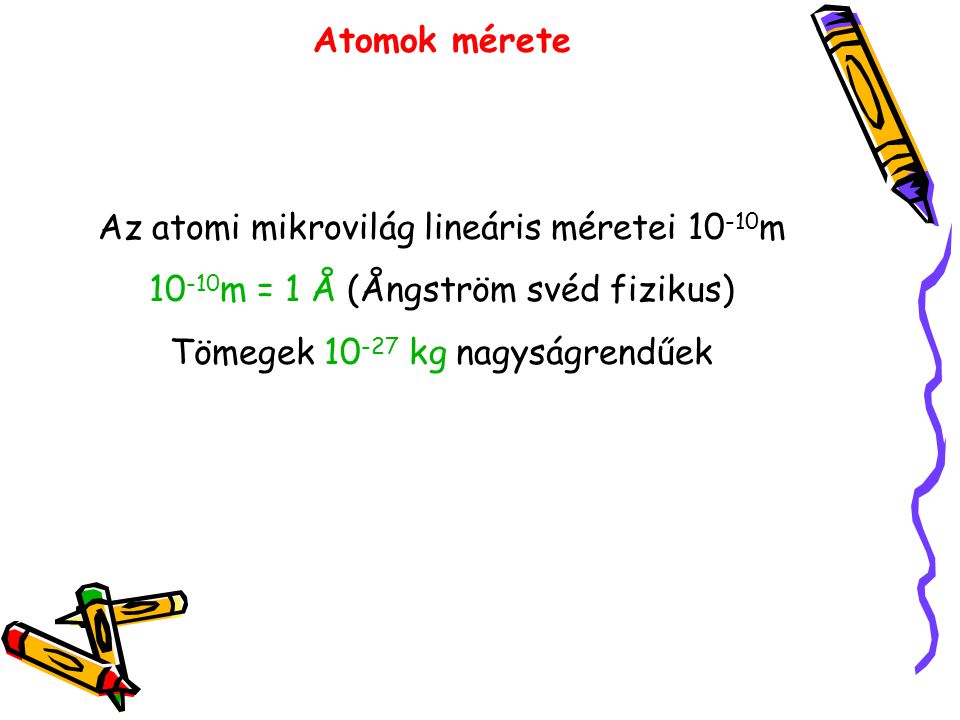 Az atomi mikrovilág lineáris méretei 10-10m