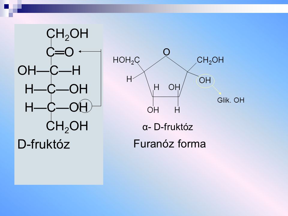 CH2OH C═O OH—C—H H—C—OH D-fruktóz Furanóz forma O α- D-fruktóz HOH2C H
