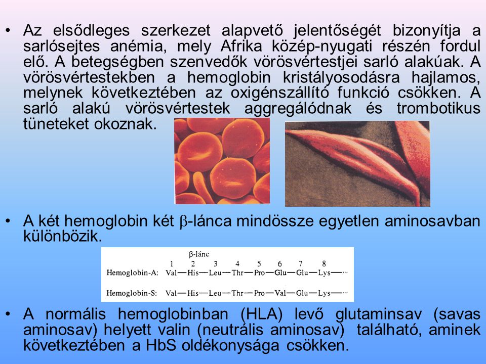 Az elsődleges szerkezet alapvető jelentőségét bizonyítja a sarlósejtes anémia, mely Afrika közép-nyugati részén fordul elő. A betegségben szenvedők vörösvértestjei sarló alakúak. A vörösvértestekben a hemoglobin kristályosodásra hajlamos, melynek következtében az oxigénszállító funkció csökken. A sarló alakú vörösvértestek aggregálódnak és trombotikus tüneteket okoznak.