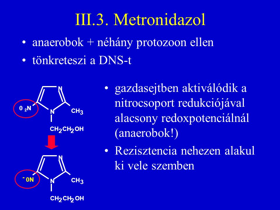 III.3. Metronidazol anaerobok + néhány protozoon ellen