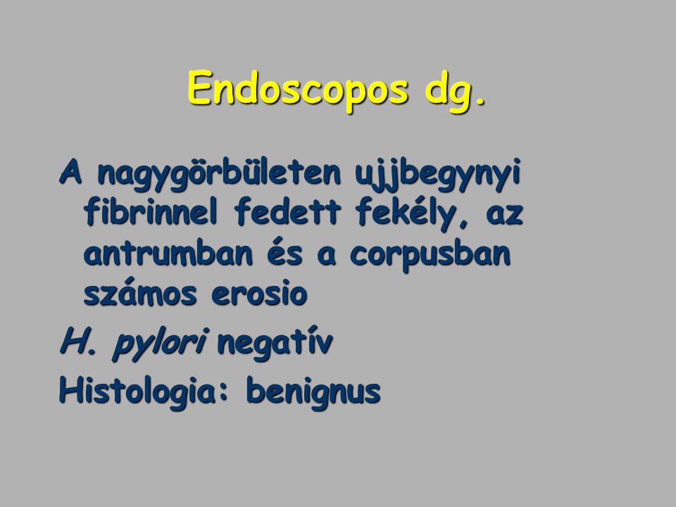 Endoscopos dg. A nagygörbületen ujjbegynyi fibrinnel fedett fekély, az antrumban és a corpusban számos erosio.