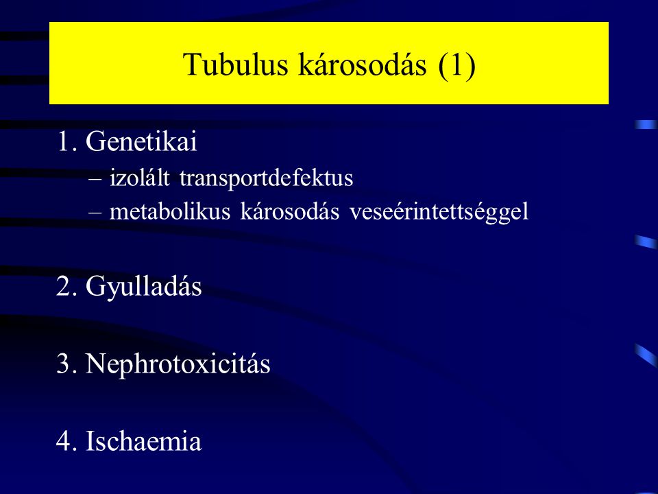 Tubulus károsodás (1) 1. Genetikai 2. Gyulladás 3. Nephrotoxicitás