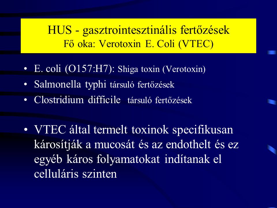 HUS - gasztrointesztinális fertőzések Fő oka: Verotoxin E. Coli (VTEC)