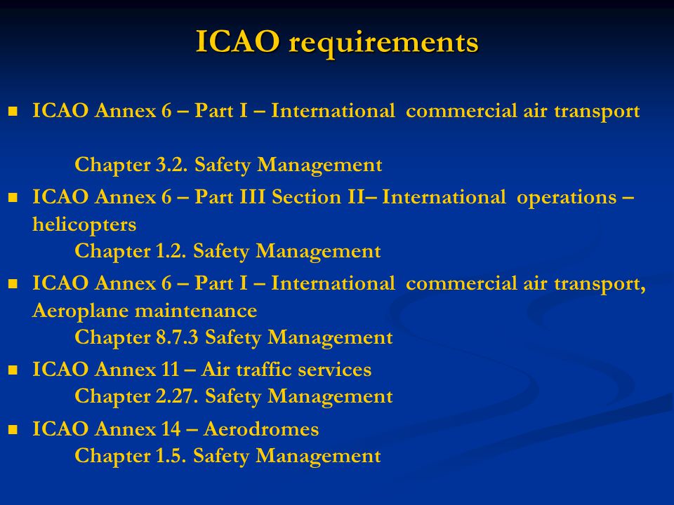 ICAO requirements ICAO Annex 6 – Part I – International commercial air transport Chapter 3.2. Safety Management.