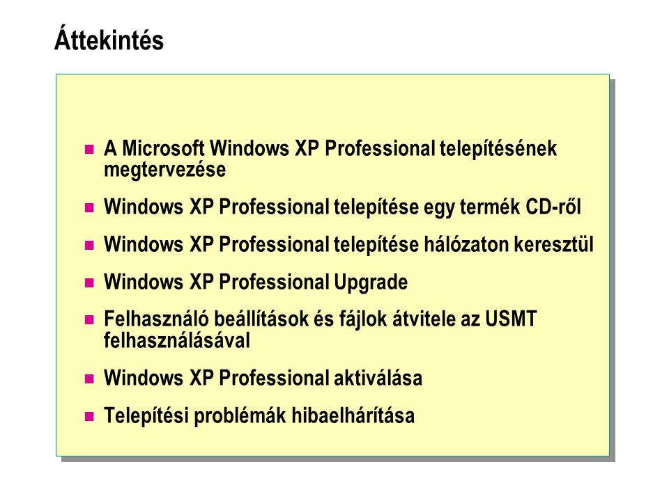 Áttekintés A Microsoft Windows XP Professional telepítésének megtervezése. Windows XP Professional telepítése egy termék CD-ről.
