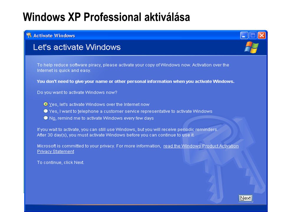 Windows XP Professional aktiválása