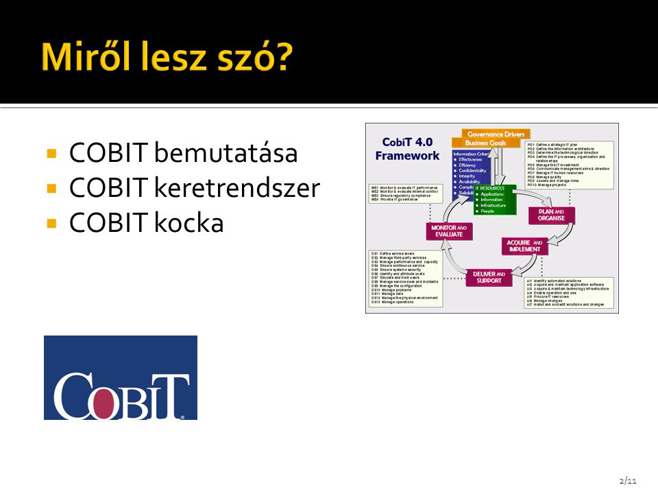 Miről lesz szó COBIT bemutatása COBIT keretrendszer COBIT kocka
