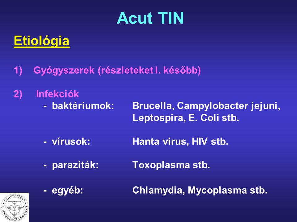 Acut TIN Etiológia Gyógyszerek (részleteket l. később) 2) Infekciók