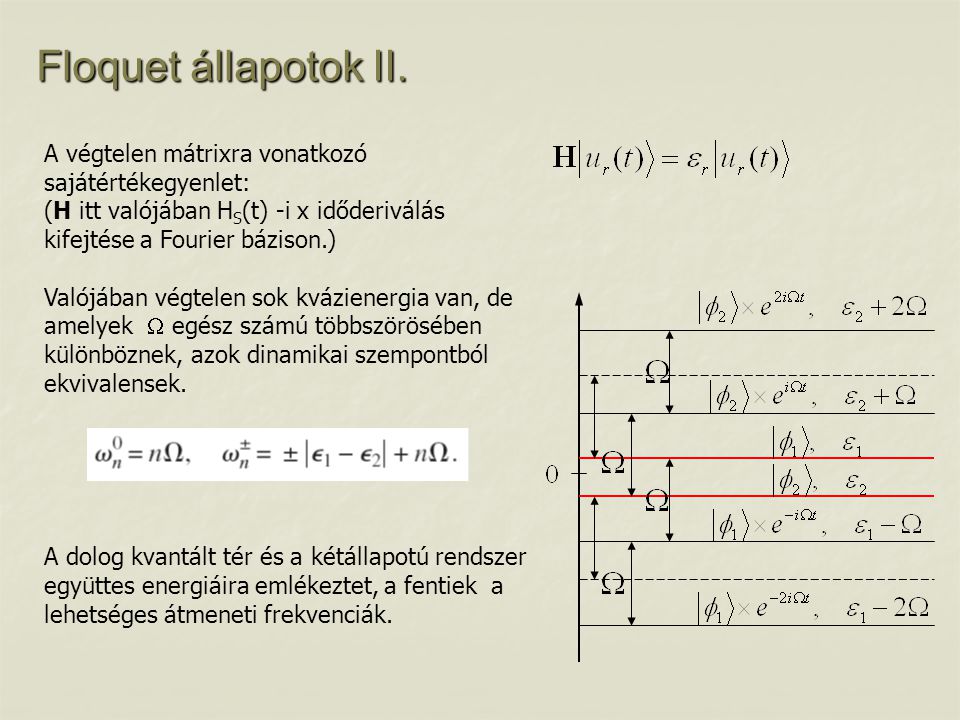 Floquet állapotok II. A végtelen mátrixra vonatkozó sajátértékegyenlet: (H itt valójában HS(t) -i x időderiválás kifejtése a Fourier bázison.)