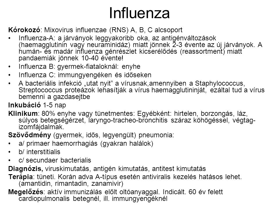 Influenza Kórokozó: Mixovirus influenzae (RNS) A, B, C alcsoport
