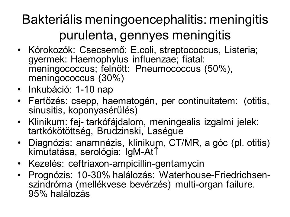 Bakteriális meningoencephalitis: meningitis purulenta, gennyes meningitis