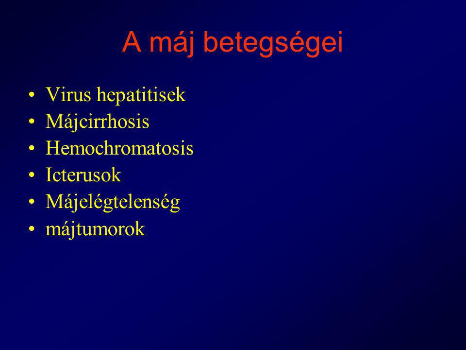 A máj betegségei Virus hepatitisek Májcirrhosis Hemochromatosis