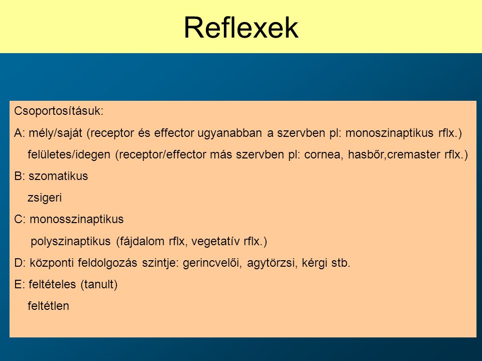 Reflexek Csoportosításuk: