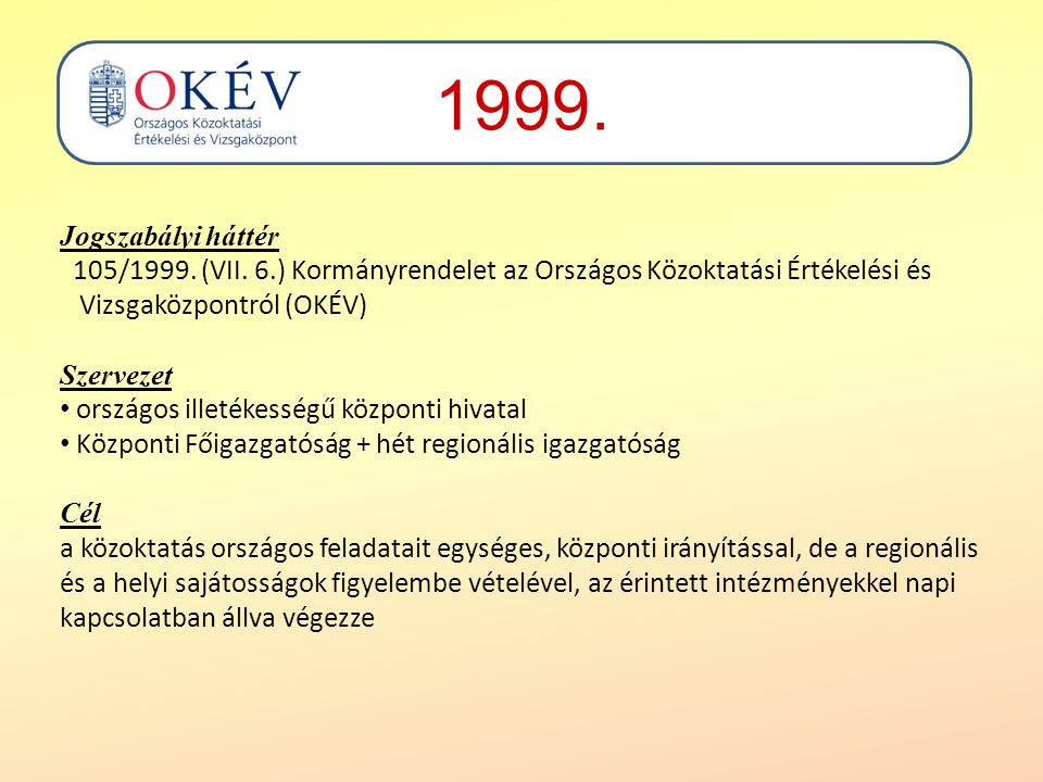 1999. Jogszabályi háttér. 105/1999. (VII. 6.) Kormányrendelet az Országos Közoktatási Értékelési és Vizsgaközpontról (OKÉV)
