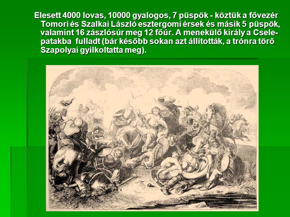 Elesett 4000 lovas, gyalogos, 7 püspök - köztük a fővezér Tomori és Szalkai László esztergomi érsek és másik 5 püspök, valamint 16 zászlósúr meg 12 főúr.