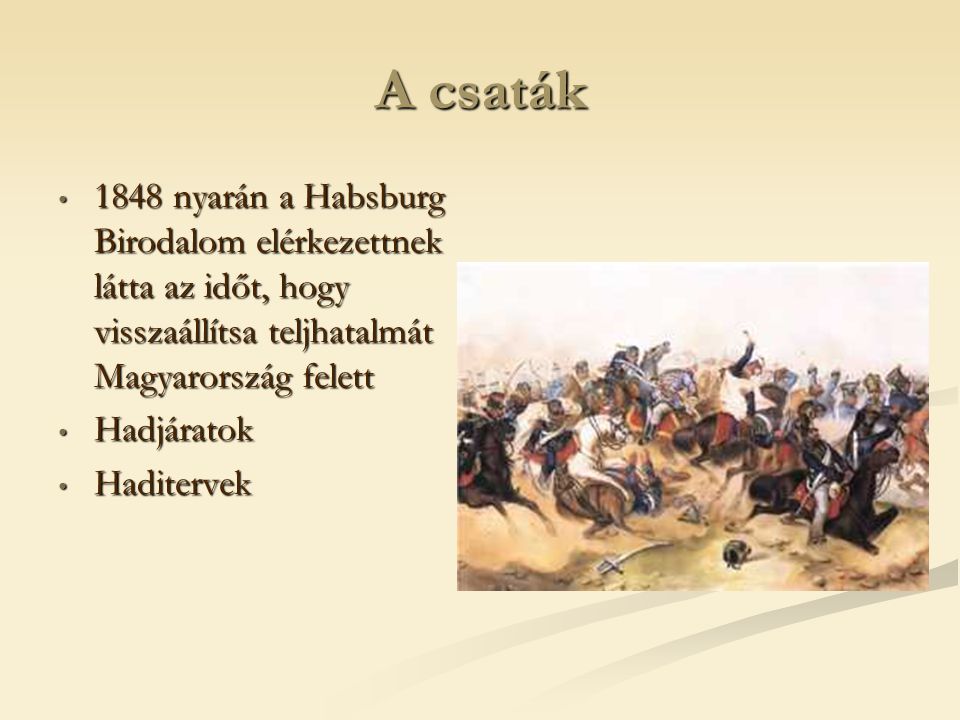 A csaták 1848 nyarán a Habsburg Birodalom elérkezettnek látta az időt, hogy visszaállítsa teljhatalmát Magyarország felett.