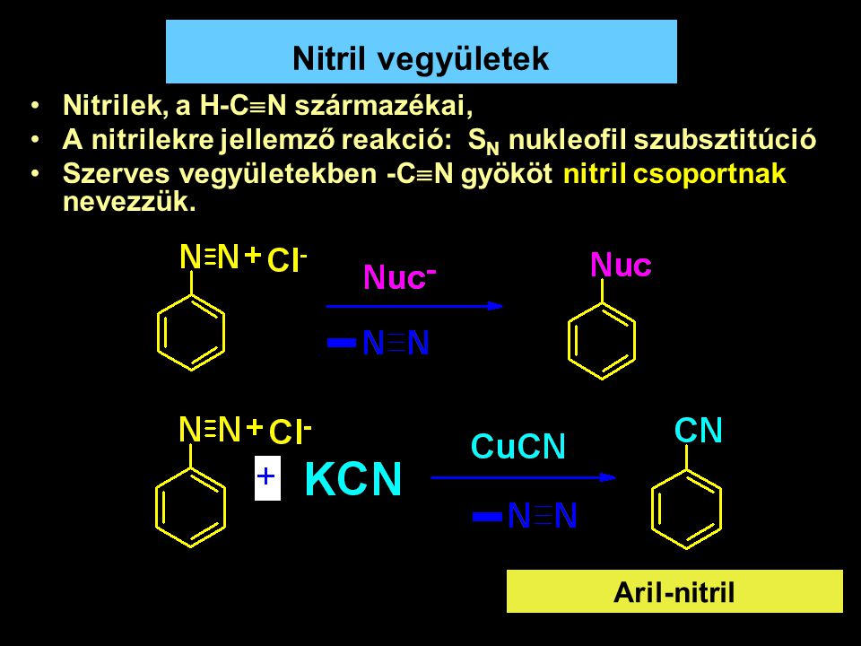 Nitril vegyületek Nitrilek, a H-CN származékai,