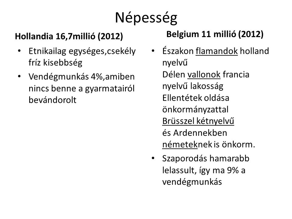 Népesség Hollandia 16,7millió (2012) Belgium 11 millió (2012)