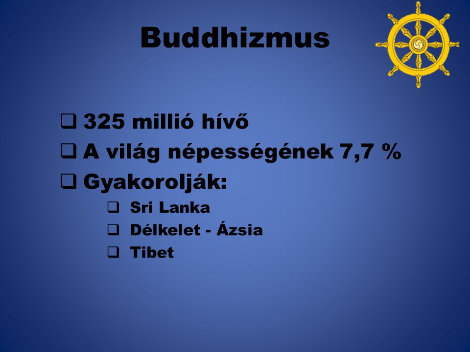Buddhizmus 325 millió hívő A világ népességének 7,7 % Gyakorolják: