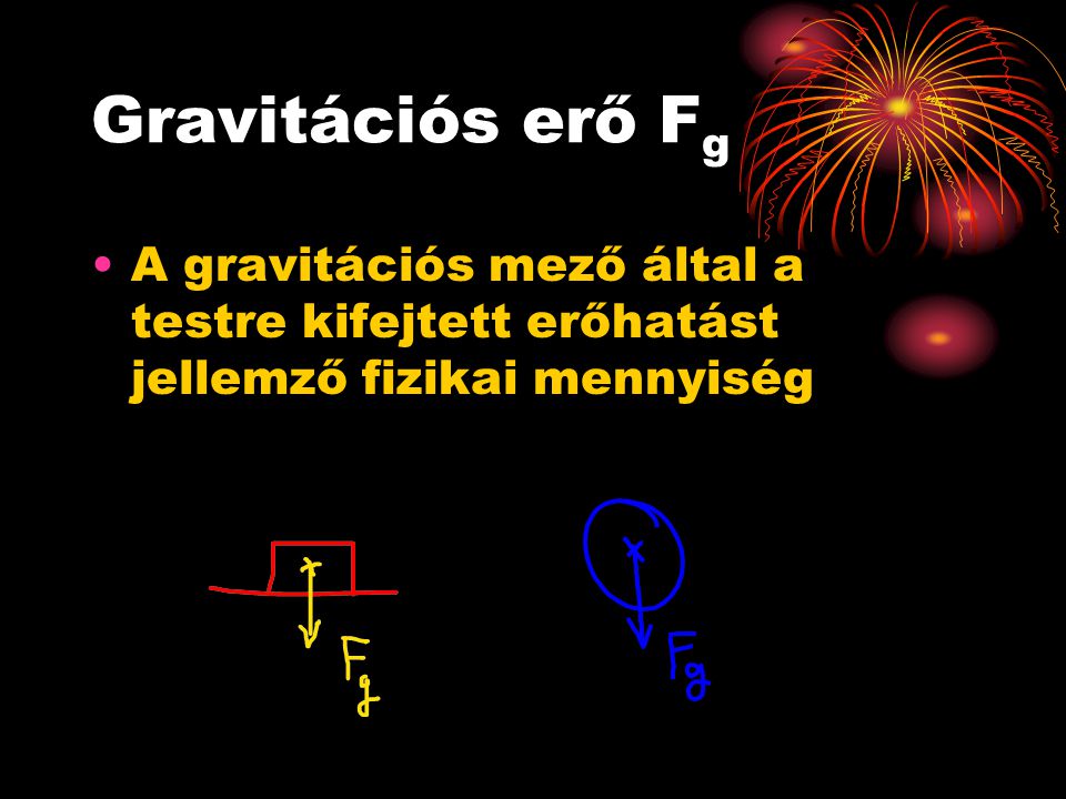 Gravitációs erő Fg A gravitációs mező által a testre kifejtett erőhatást jellemző fizikai mennyiség