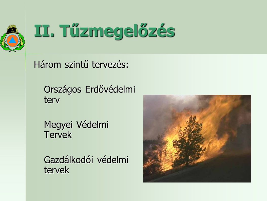II. Tűzmegelőzés Három szintű tervezés: Országos Erdővédelmi terv