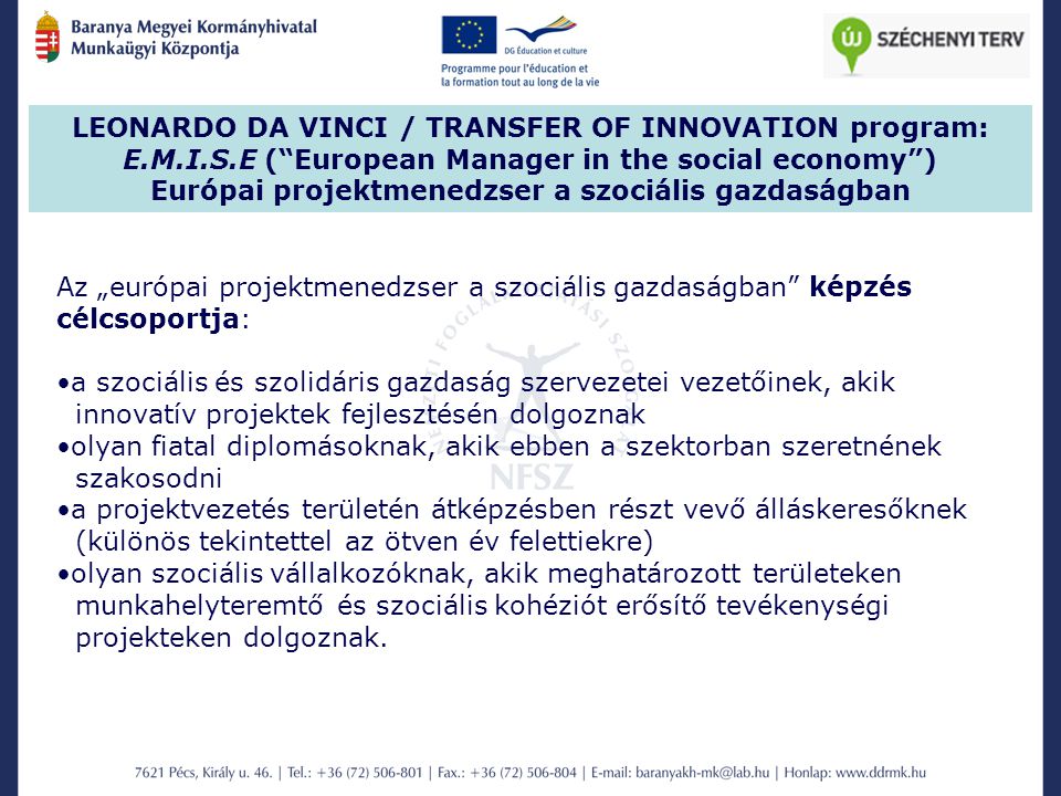 Európai projektmenedzser a szociális gazdaságban