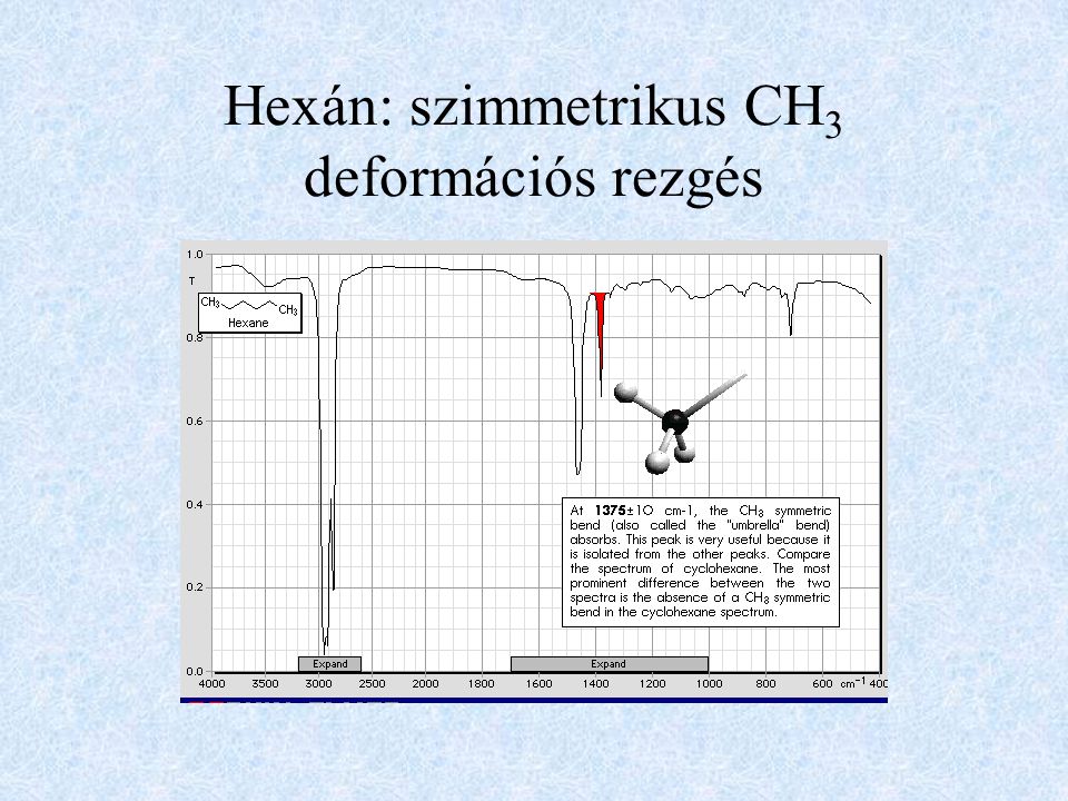 Hexán: szimmetrikus CH3 deformációs rezgés