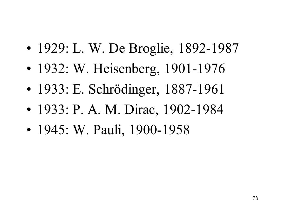 1929: L. W. De Broglie, : W. Heisenberg, : E. Schrödinger,