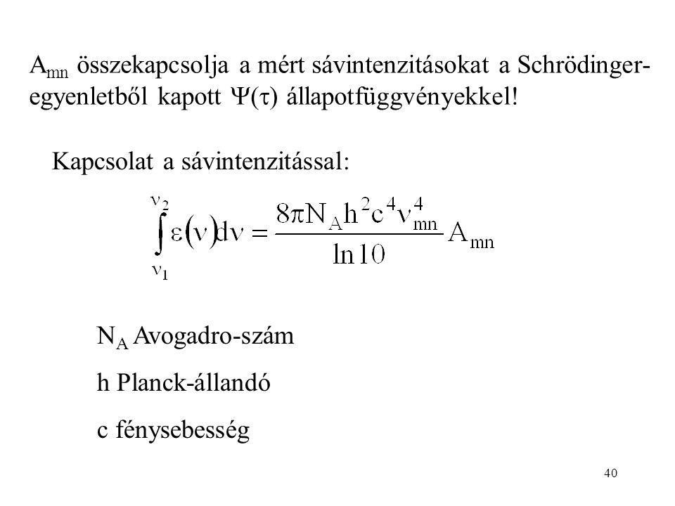 Amn összekapcsolja a mért sávintenzitásokat a Schrödinger-egyenletből kapott () állapotfüggvényekkel!