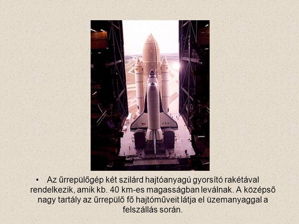 Az űrrepülőgép két szilárd hajtóanyagú gyorsító rakétával rendelkezik, amik kb.