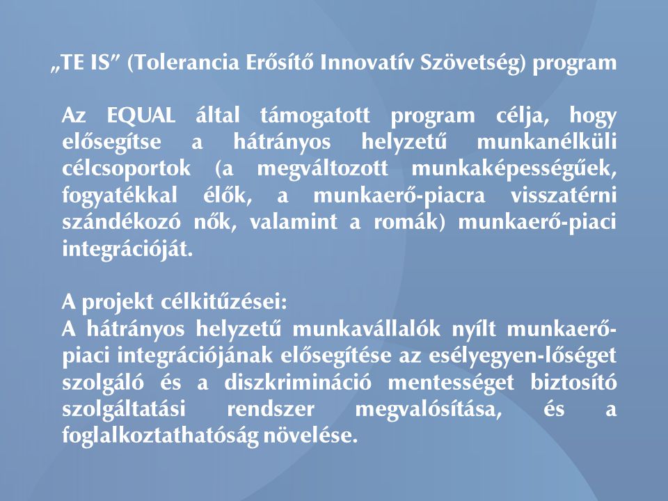 „TE IS (Tolerancia Erősítő Innovatív Szövetség) program