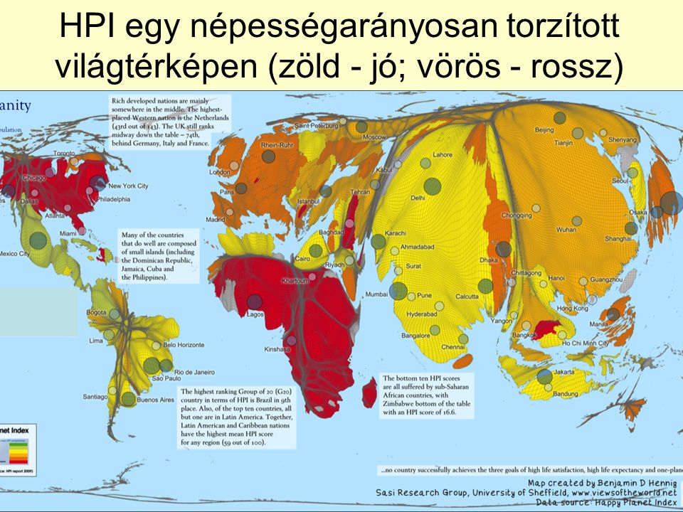 HPI egy népességarányosan torzított világtérképen (zöld - jó; vörös - rossz)