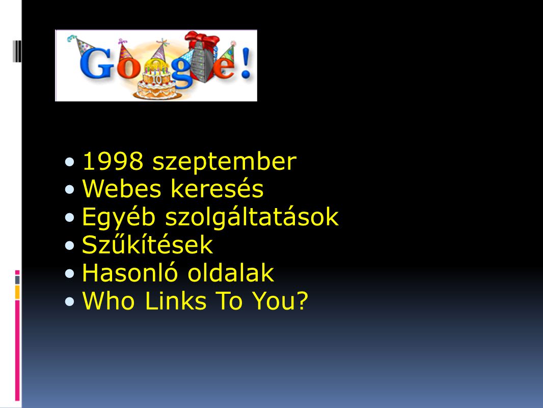 1998 szeptember Webes keresés Egyéb szolgáltatások Szűkítések Hasonló oldalak Who Links To You