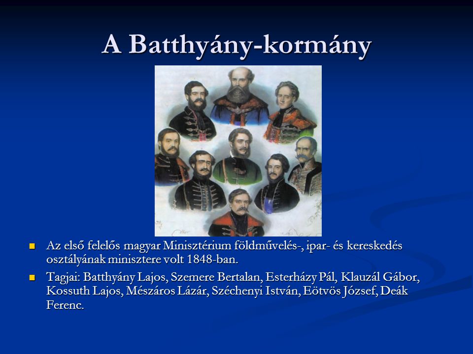 A Batthyány-kormány Az első felelős magyar Minisztérium földművelés-, ipar- és kereskedés osztályának minisztere volt 1848-ban.