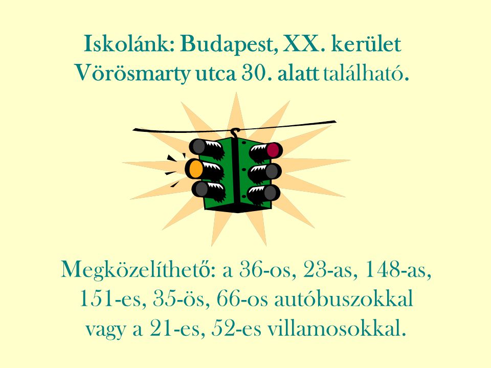 Iskolánk: Budapest, XX. kerület Vörösmarty utca 30. alatt található.