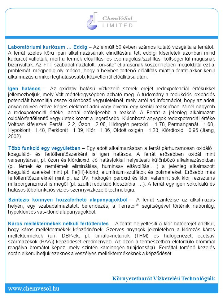 Chemvesol Kft Ferr T Technol Gia Ppt Let Lteni